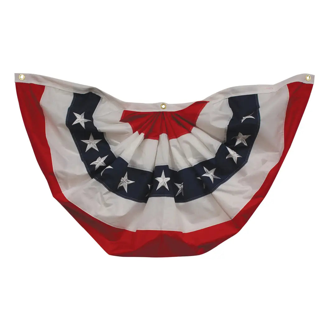 Four by two foot pleated nylon Americana bunting fan featuring stitched red, white, and blue stripes with embroidered white stars and gold hanging grommets.