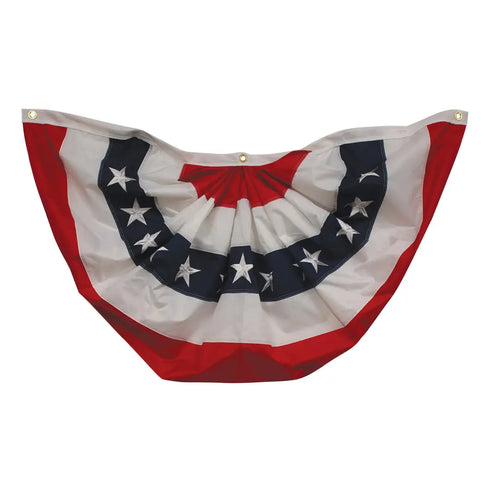 Four by two foot pleated nylon Americana bunting fan featuring stitched red, white, and blue stripes with embroidered white stars and gold hanging grommets.