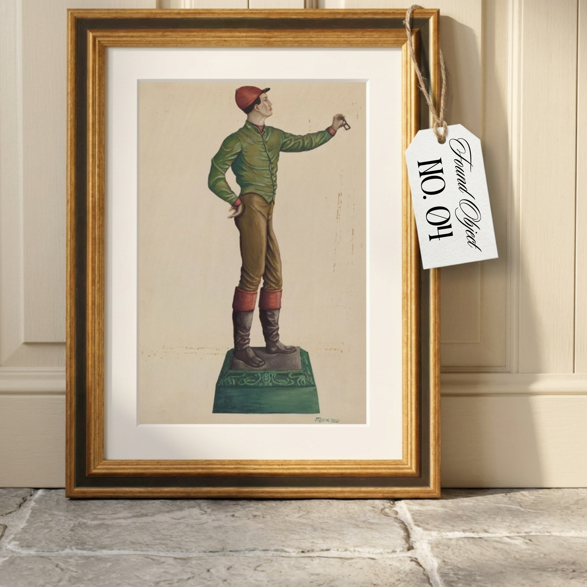 Framed Frank Gray jockey hitching post art print with a "Found Object No. 04" hangtag in a gold-accented frame resting against a neutral cottage wall.