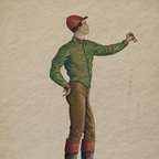 Close-up 1938 Frank Gray archival illustration of a cast iron jockey hitching post in a green silks jacket and red cap on textured german etched paper.