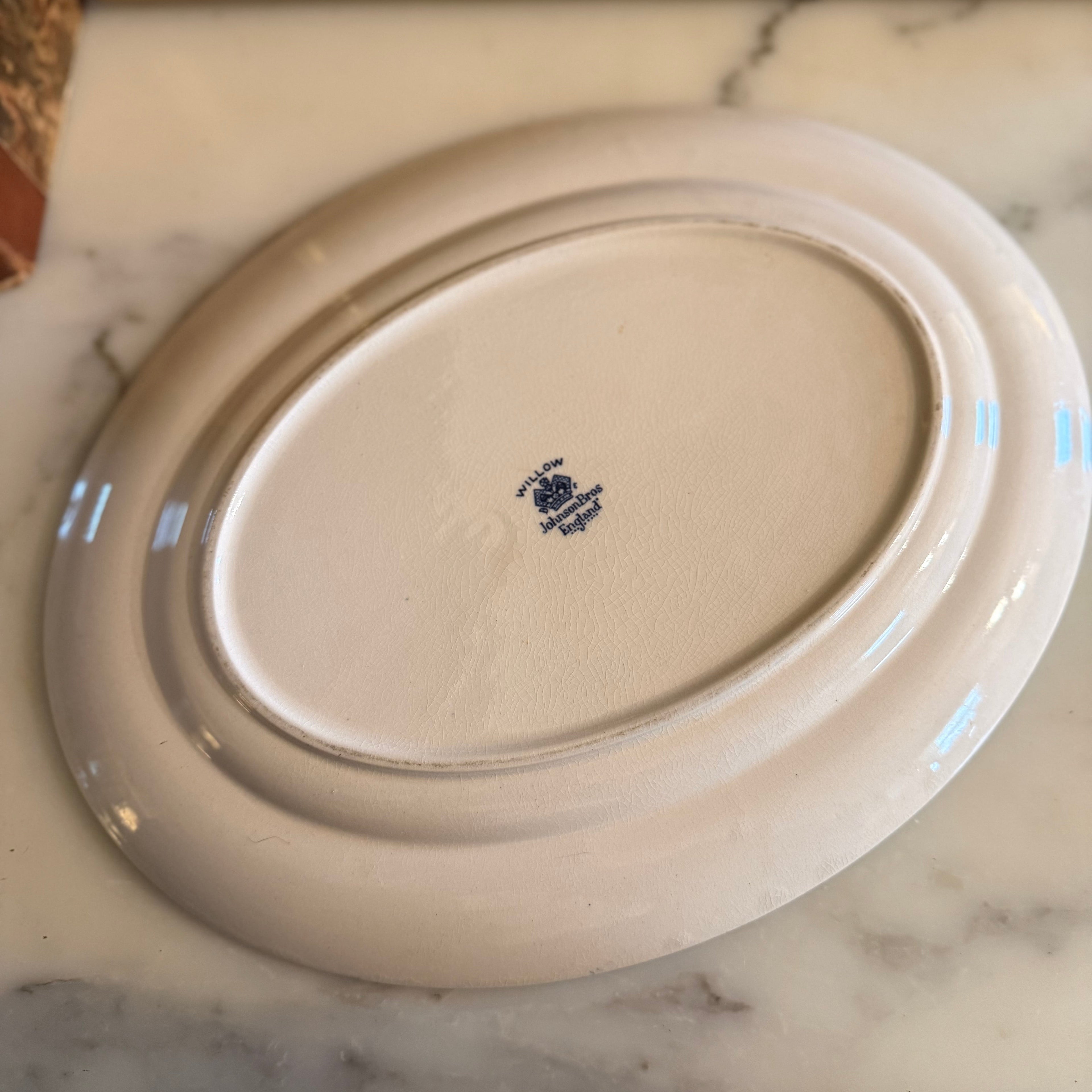 Close-up of the authentic Johnson Brothers England maker's mark on the back of the platter.