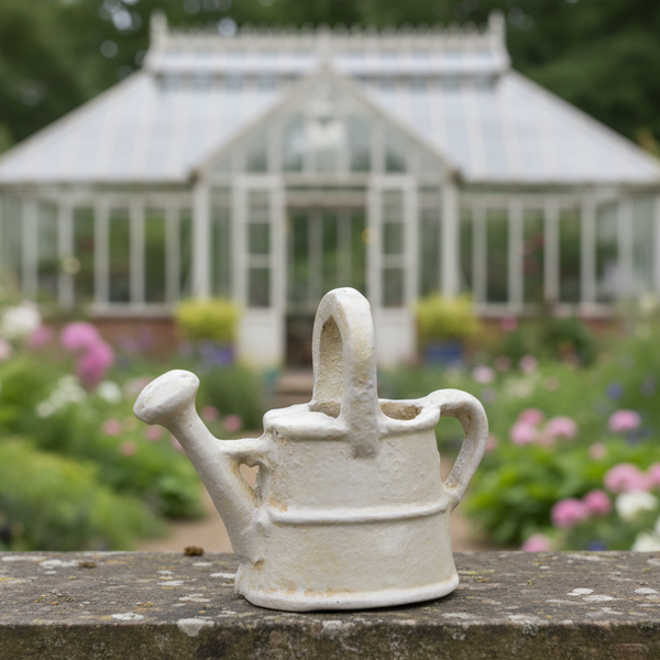 white cast iron mini watering can in antique white finish