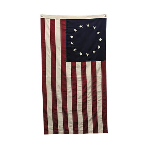 Natural tea-stained Betsy Ross American flag featuring a double-sided design with 13 embroidered cotton stars in a circle on a navy field and 13 alternating stripes.