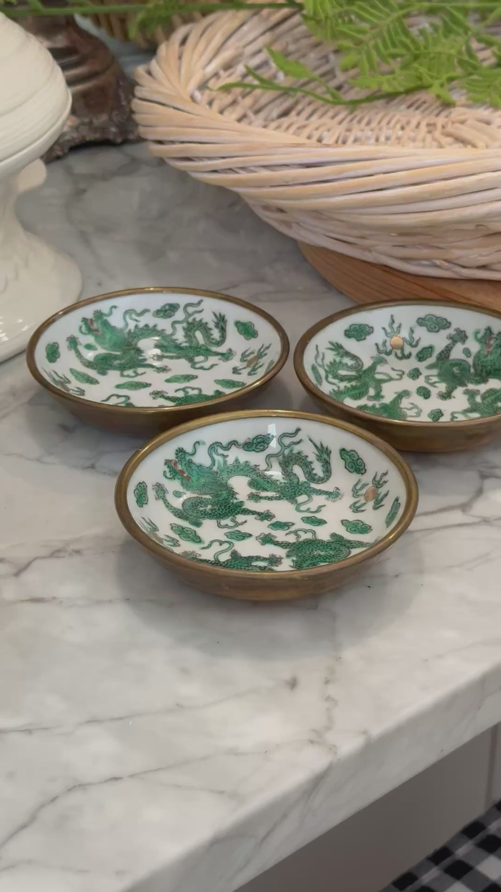 Vintage Chinese Green Dragon Famille Verte Porcelain Brass Rim Dish