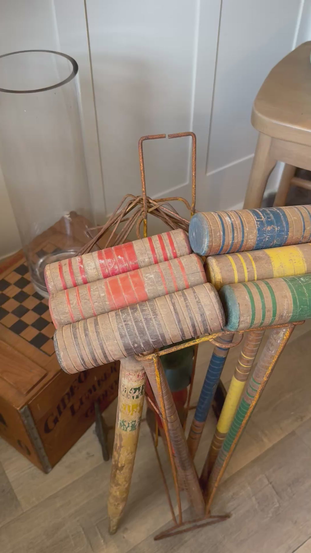 Vintage Wooden Croquet Set with Rolling Wire Cart