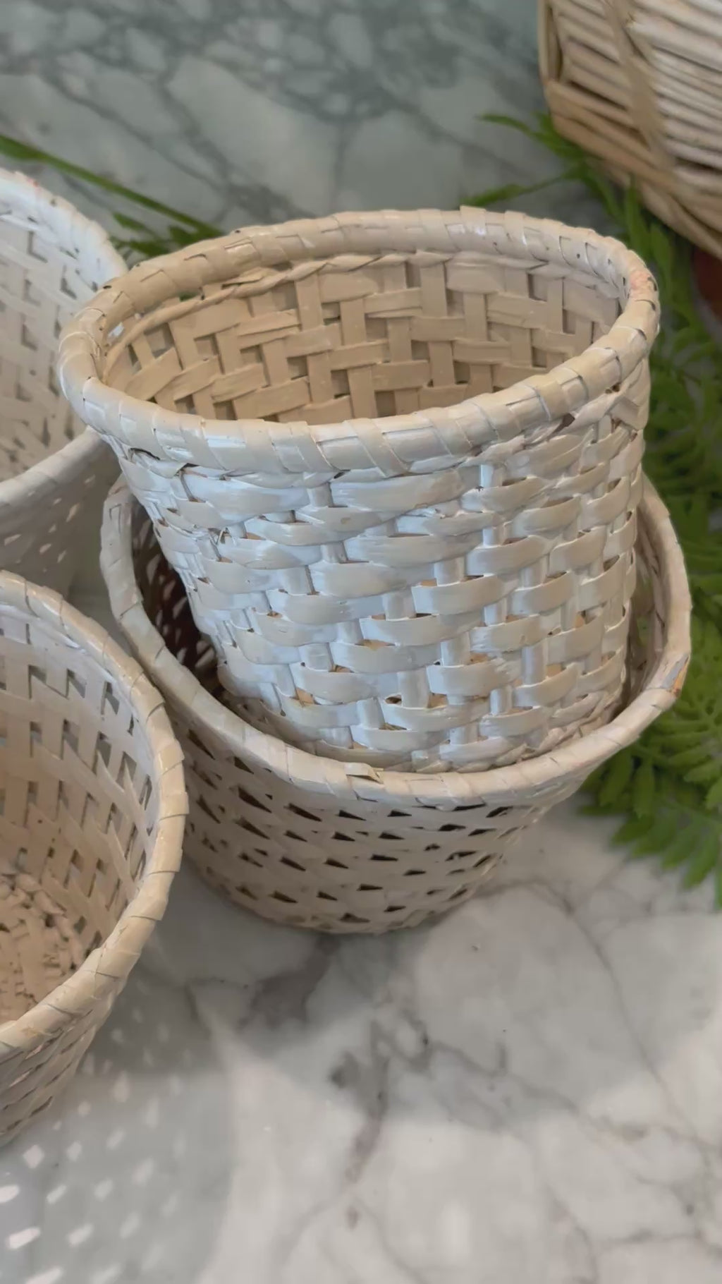 Vintage White Woven Rattan Planter Baskets (Set of 4)