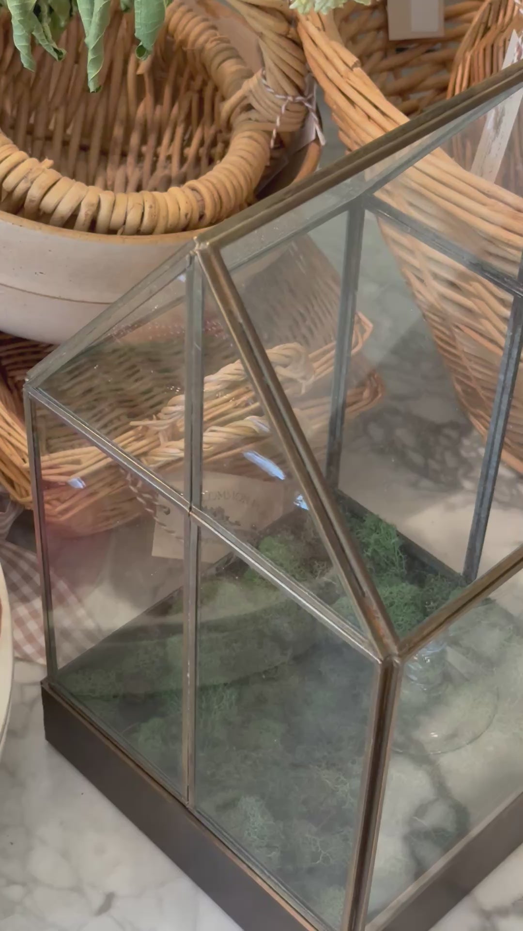 Brass Table Terrarium with Leaded Glass Gable Roof Planter