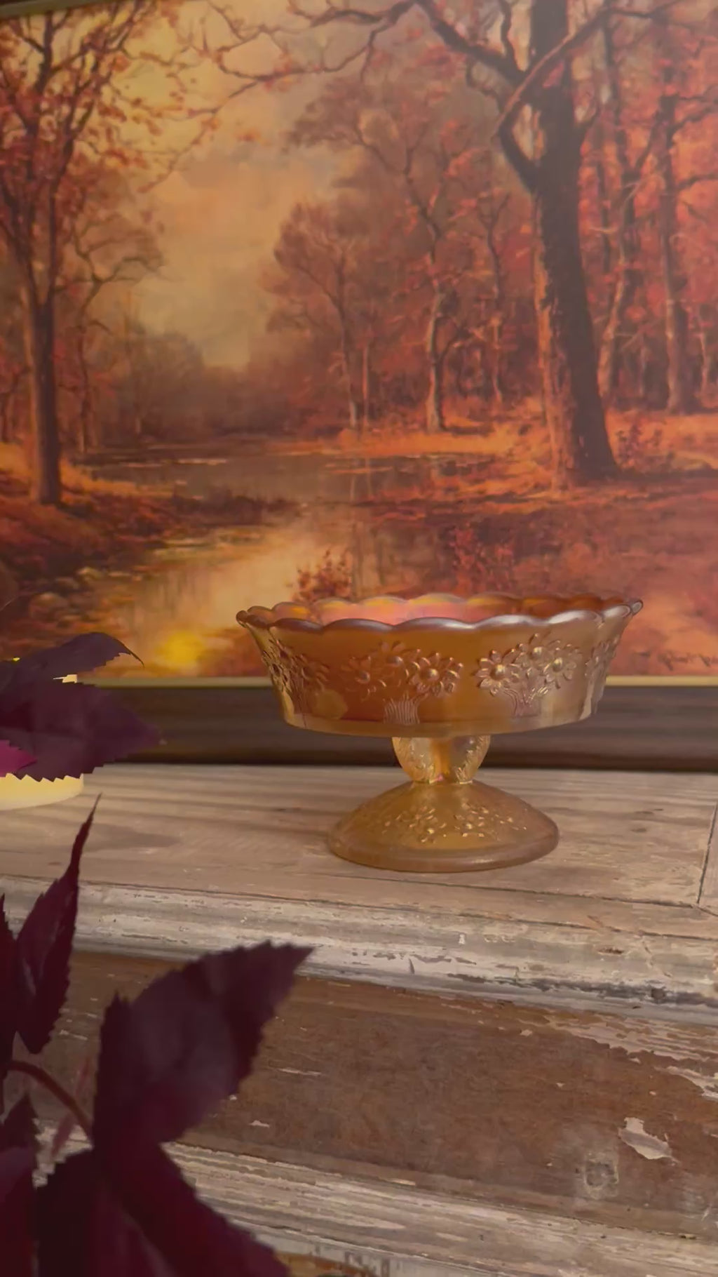 Antique Fenton Orange Tree Marigold Carnival Glass Footed Ice Cream Dish