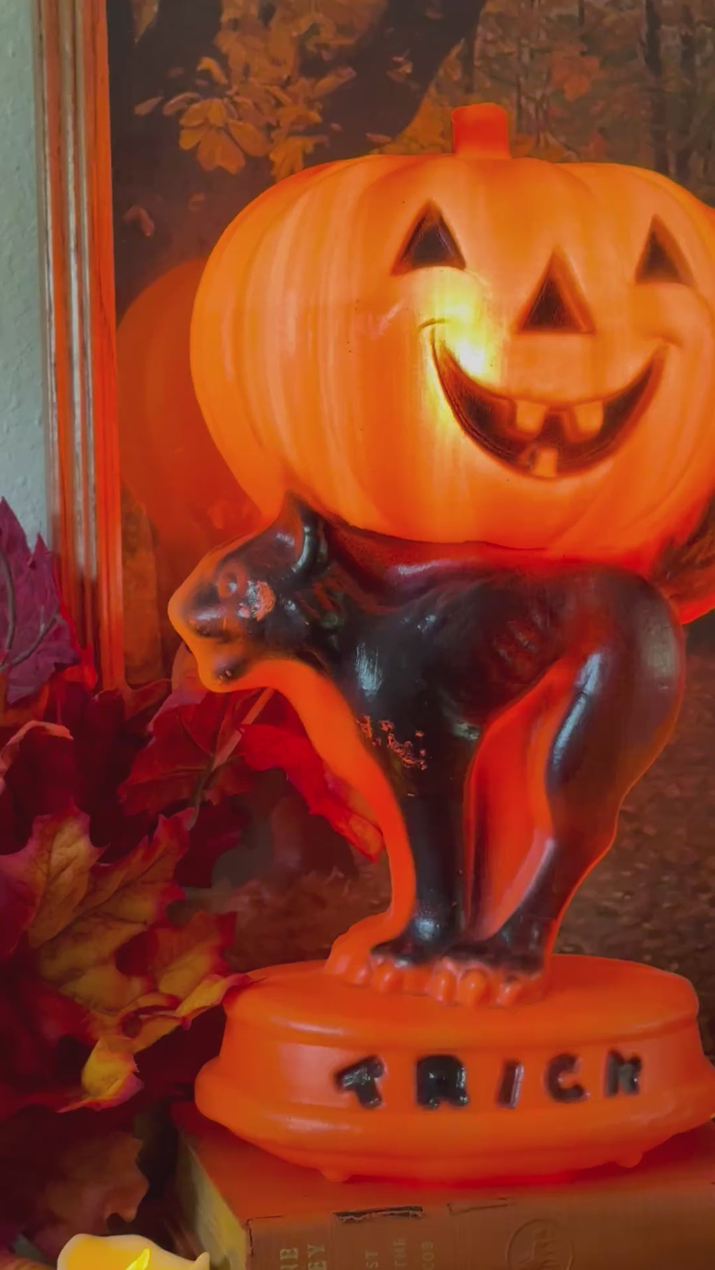 Vintage Halloween "Trick-or-Treat" Blow Mold Orange Pumpkin & Black Cat