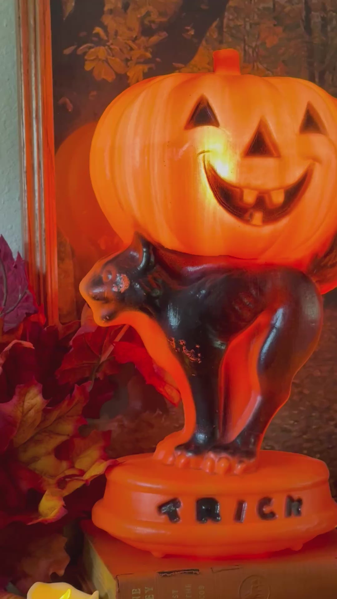 Vintage Halloween "Trick-or-Treat" Blow Mold Orange Pumpkin & Black Cat