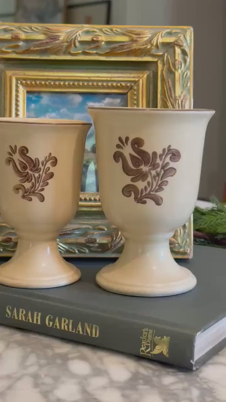 Vintage 5 3/8" Pfatlzgraff Village 8 oz Footed Goblet, Cream Brown Stoneware, Cottagecore Kitchen