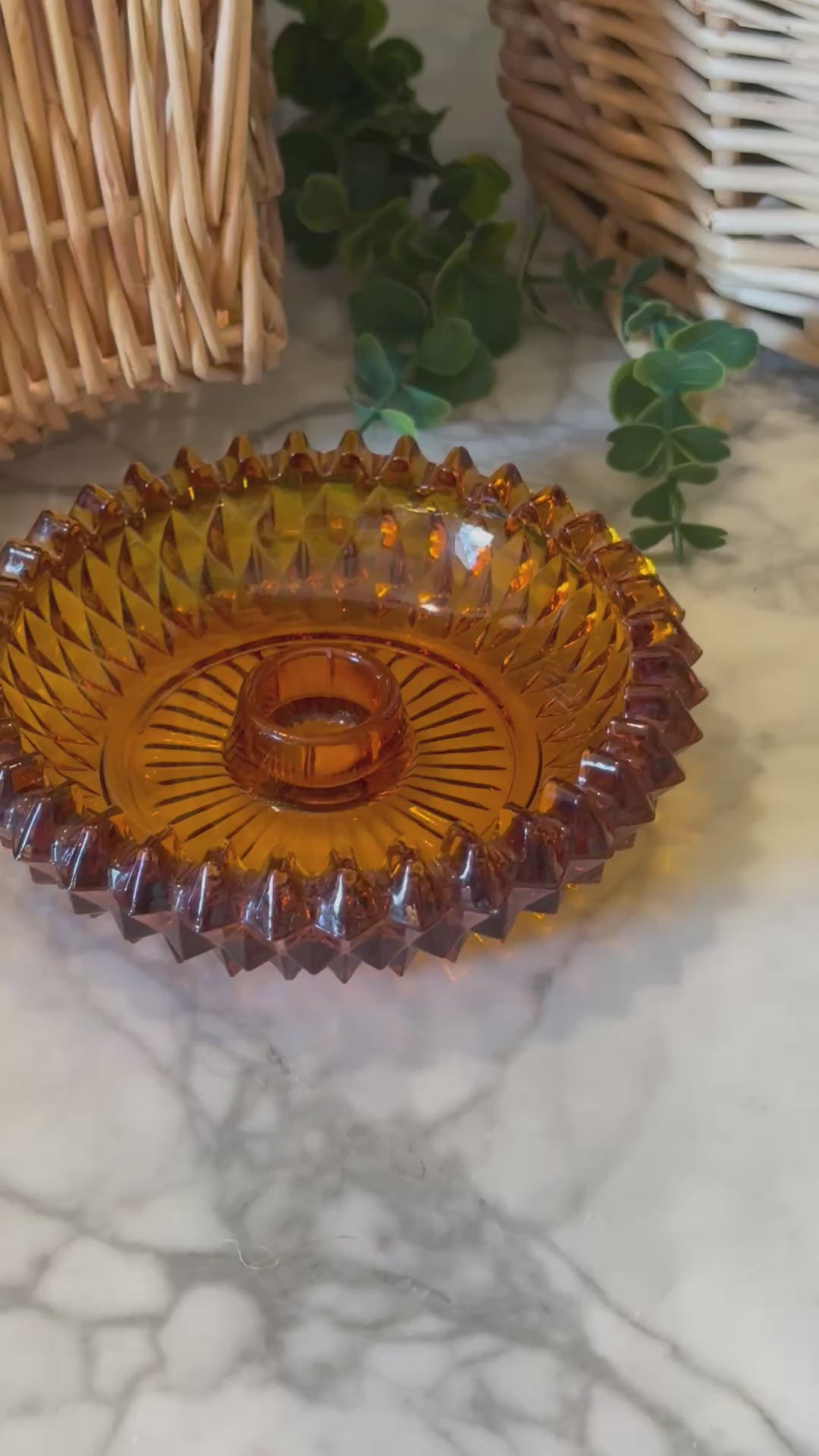 1970s Amber Diamond Point Candle Dish