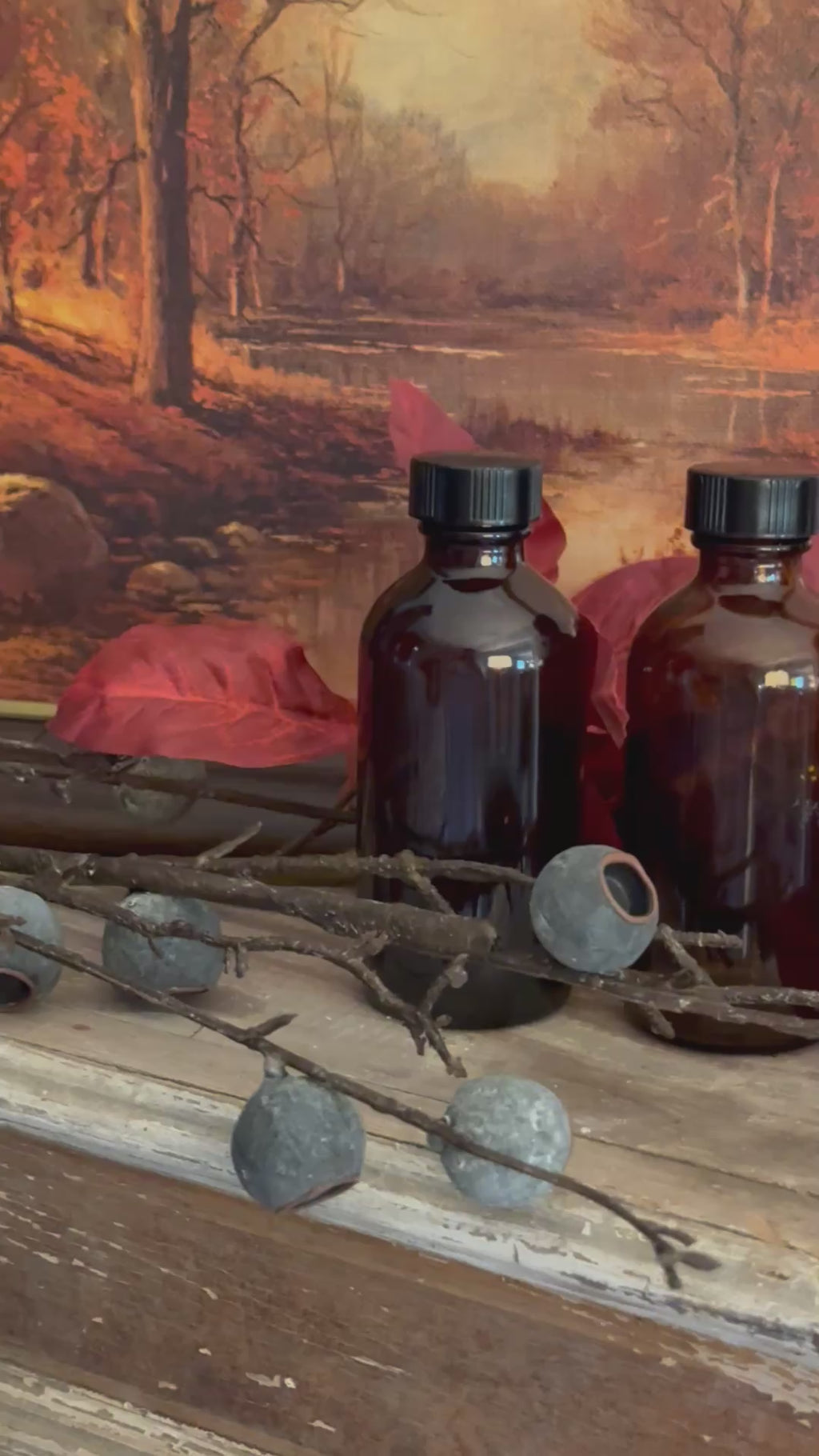 Amber Glass Small Bottles with Black Lids Set of 3 Apothecary Decor
