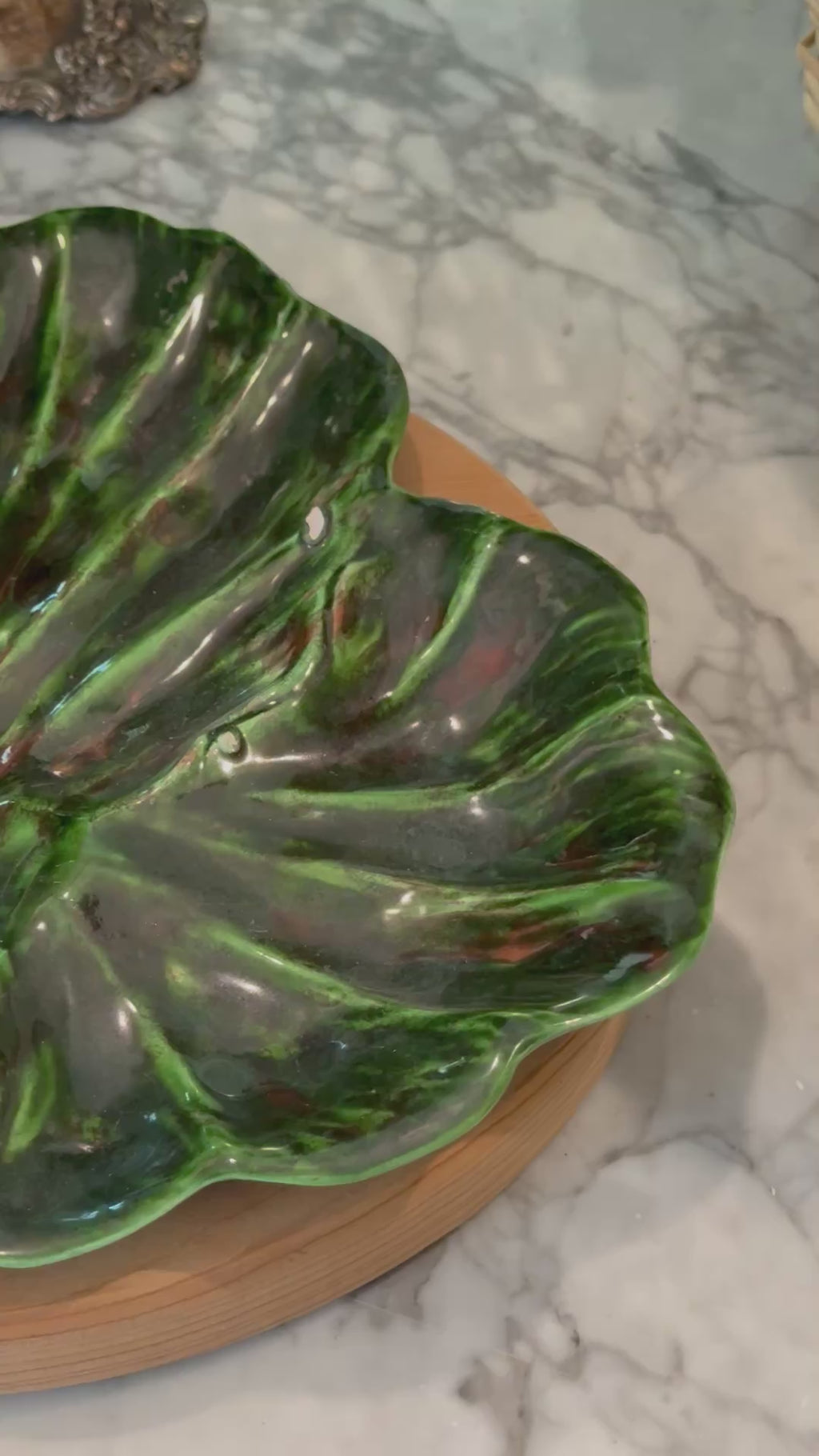 Vintage Green Majolica Style Cabbage Platter Serving Plate (Well Loved)