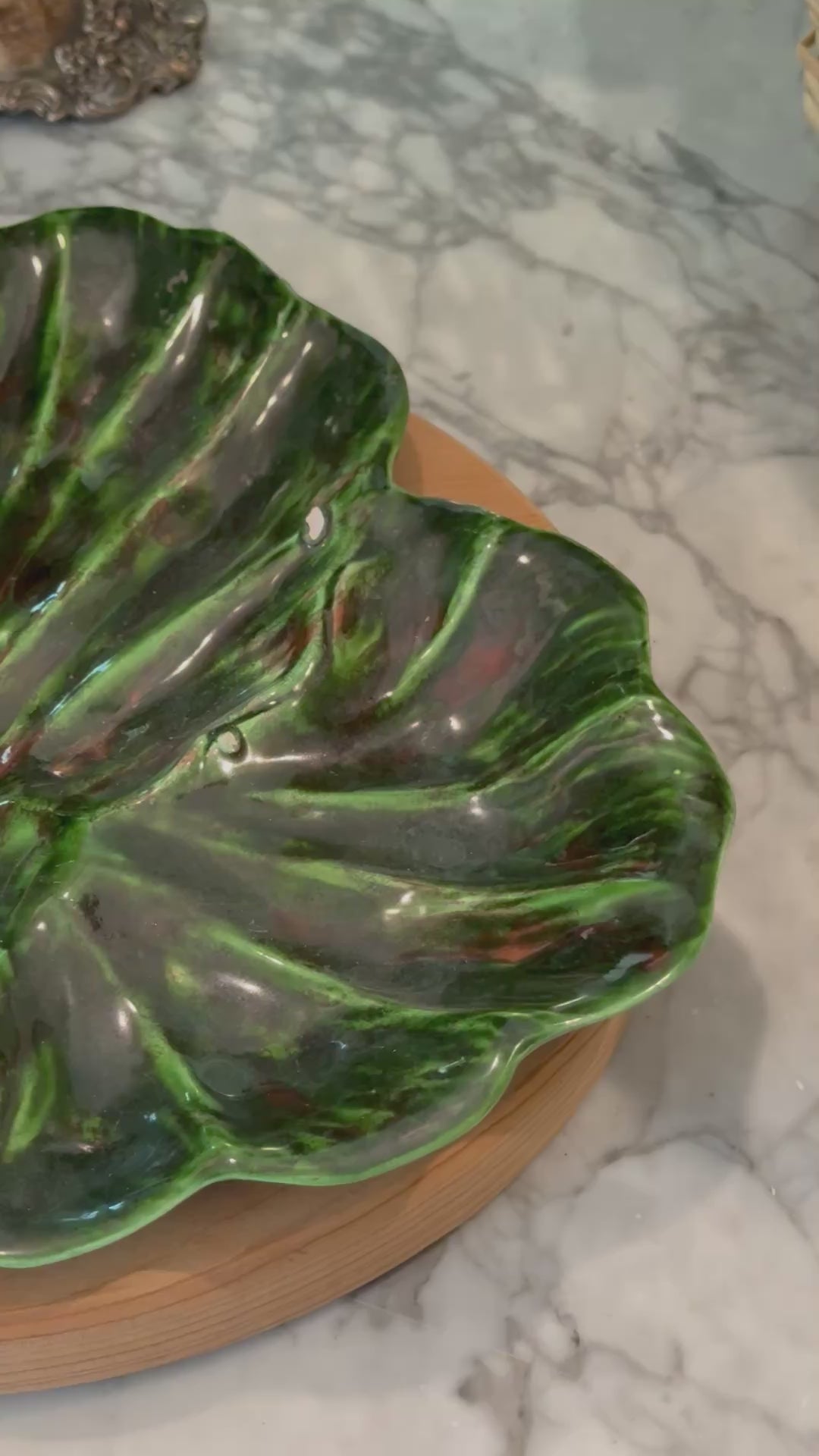 Vintage Green Majolica Style Cabbage Platter Serving Plate (Well Loved)