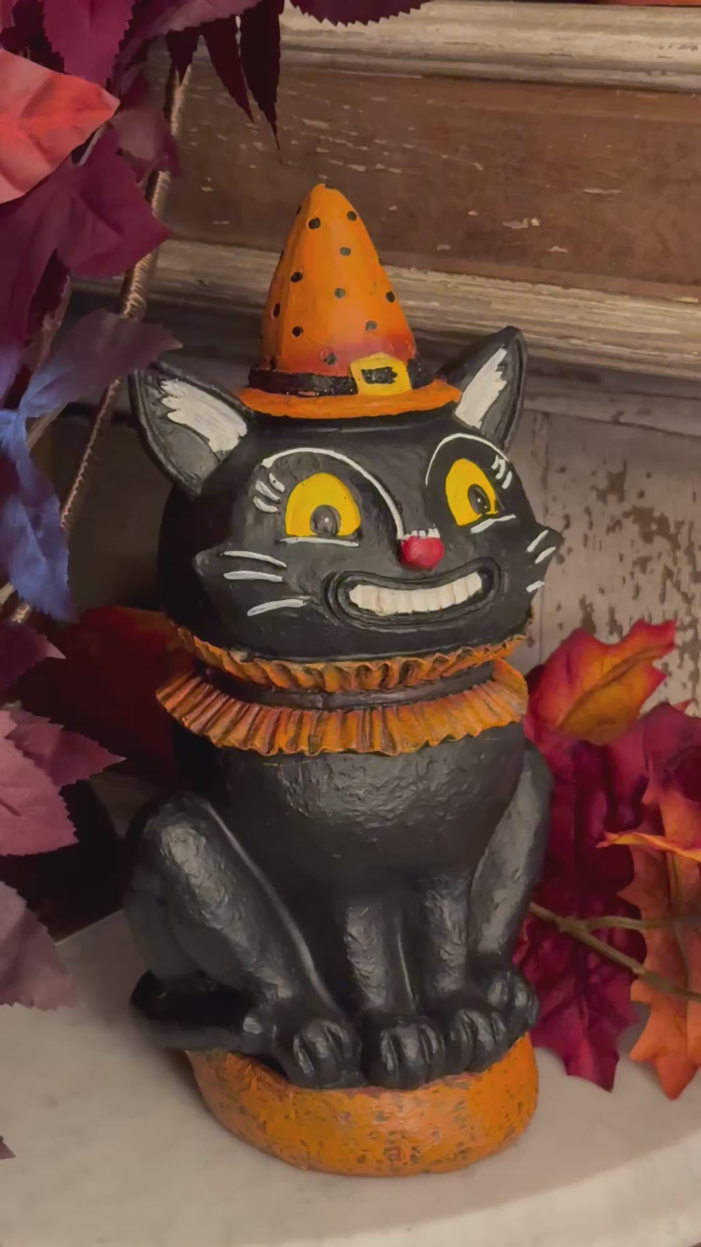 Folk Art Spooky Black Cat Statue Primitive-Style Halloween