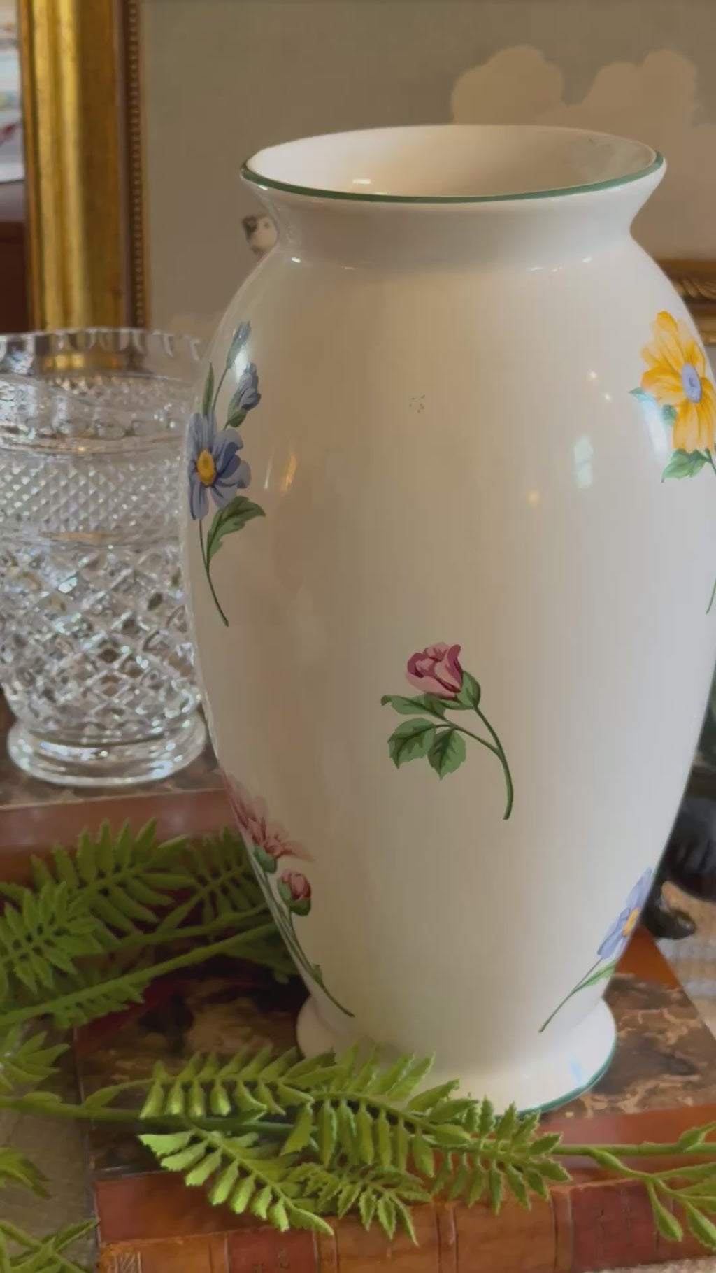 White vintage Tiffany & Co. Sintra porcelain vase with hand-painted pink and yellow flowers, made in Portugal