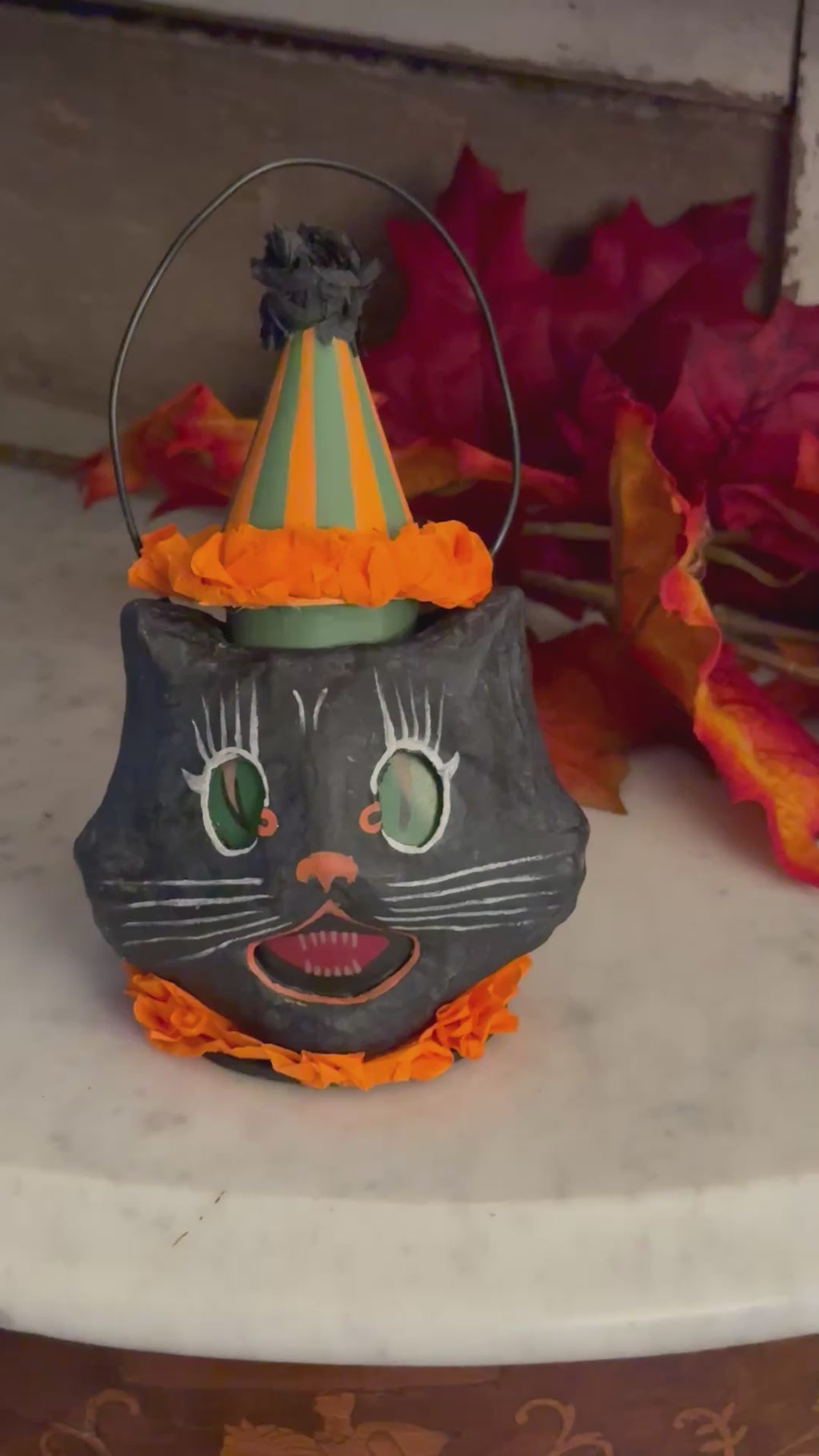 Bethany Lowe Vintage Sassy Black Cat Mini Bucket Lantern w/ Hat