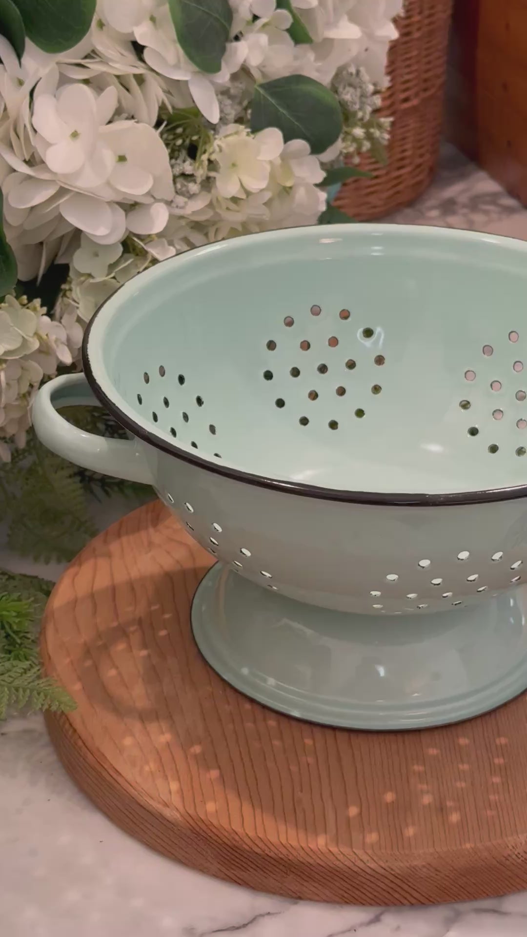 Vintage Pale Blue Teal Enamelware Pedestal Colander Strainer