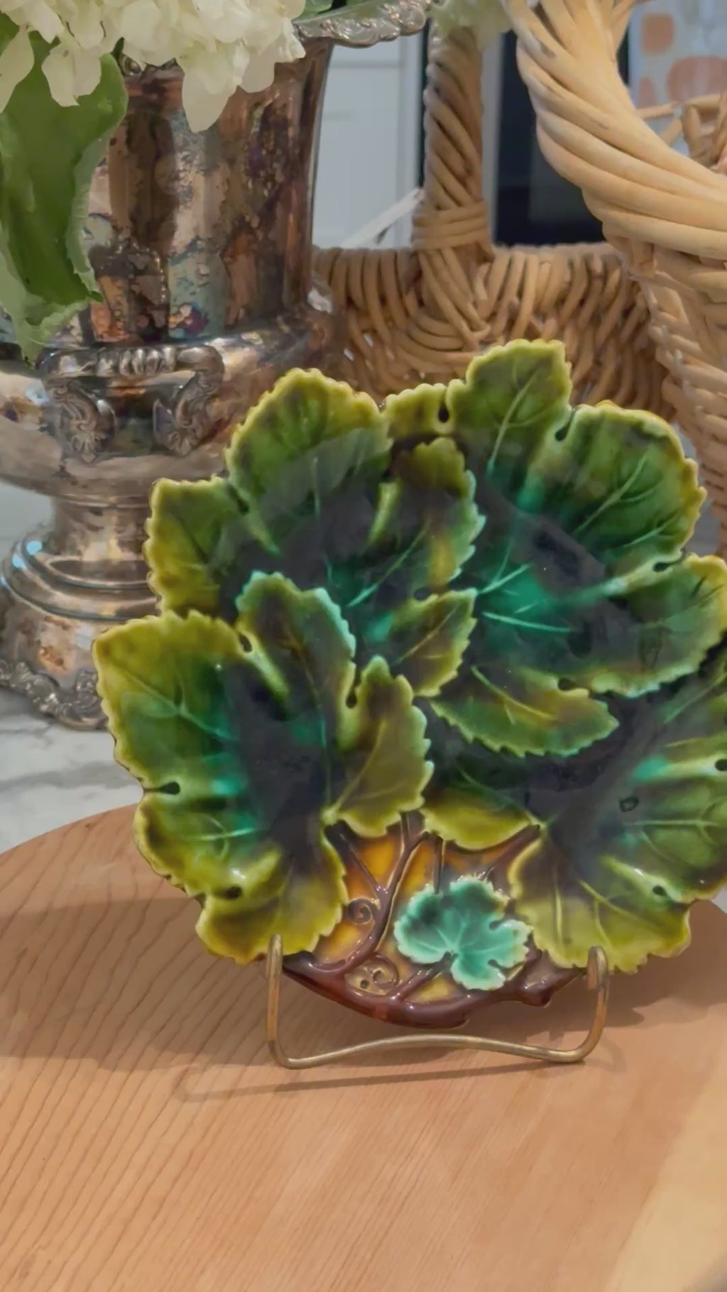 Antique Josef Steidl Znaim Majolica Green Cabbage Leaf Plate