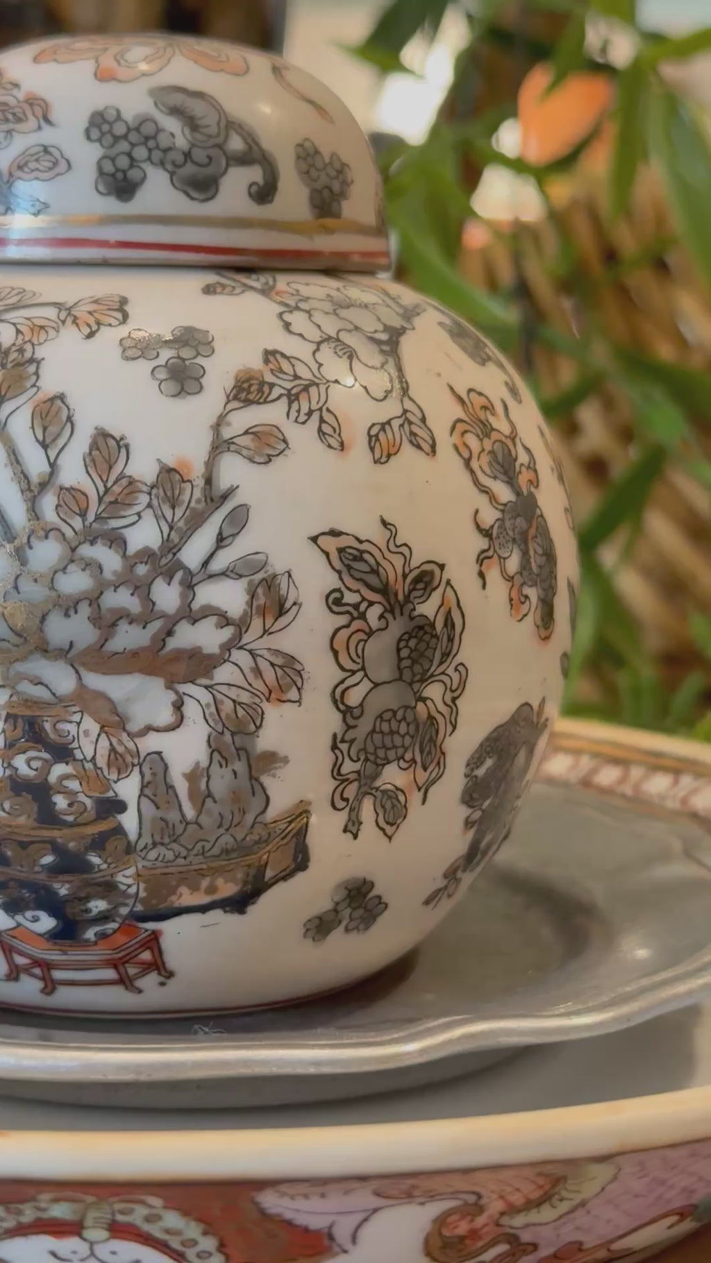 Vintage Handpainted Macau CPC Porcelain Black & Gold Floral Ginger Jar (5")