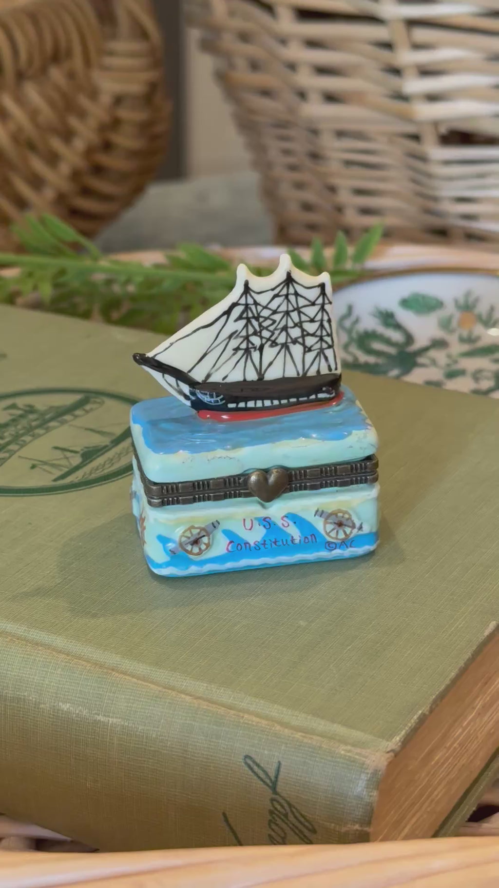 Vintage Limoges-Style Hand-Painted U.S.S. Constitution Trinket Box