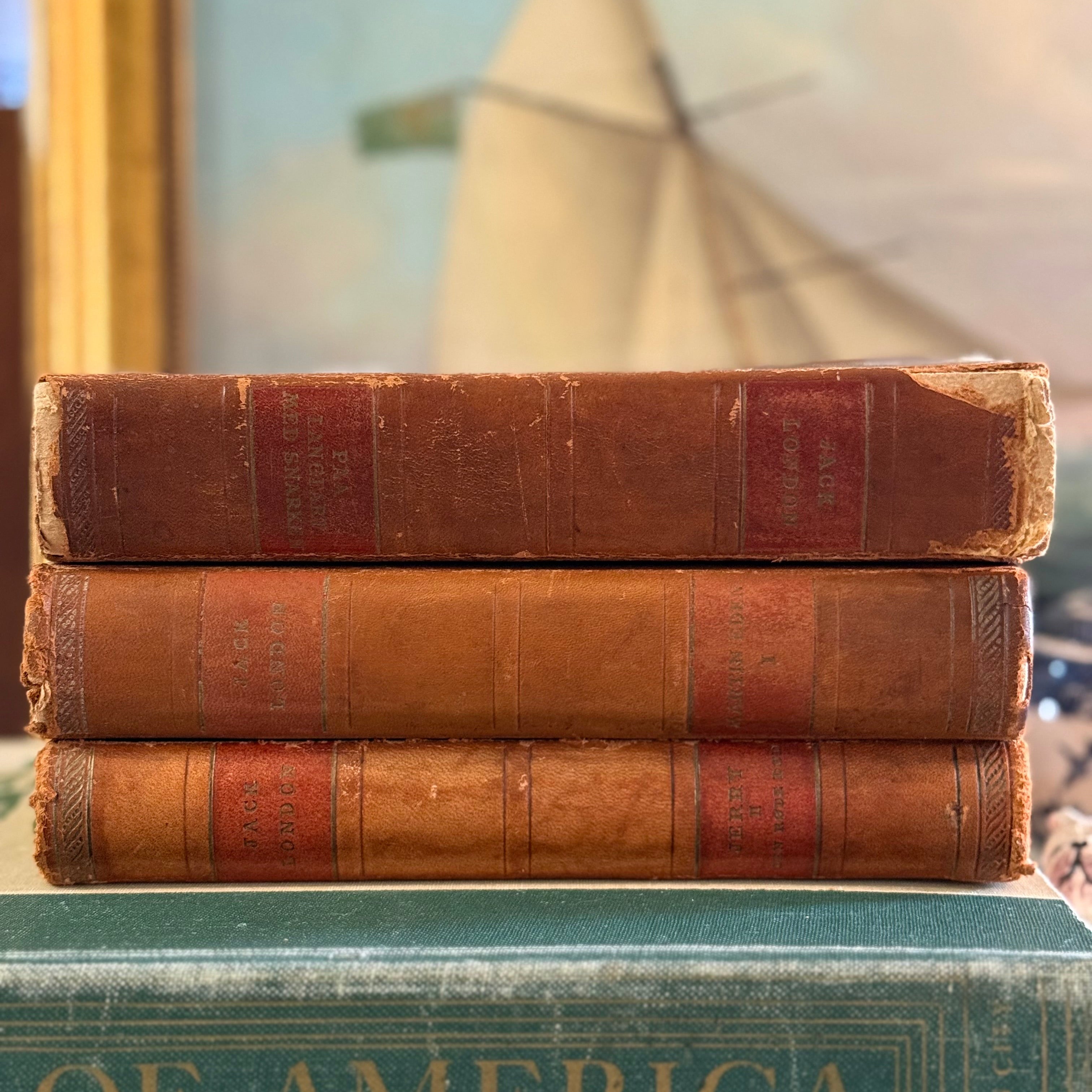 The three Jack London books stacked horizontally on a green surface and sailboat painting in background