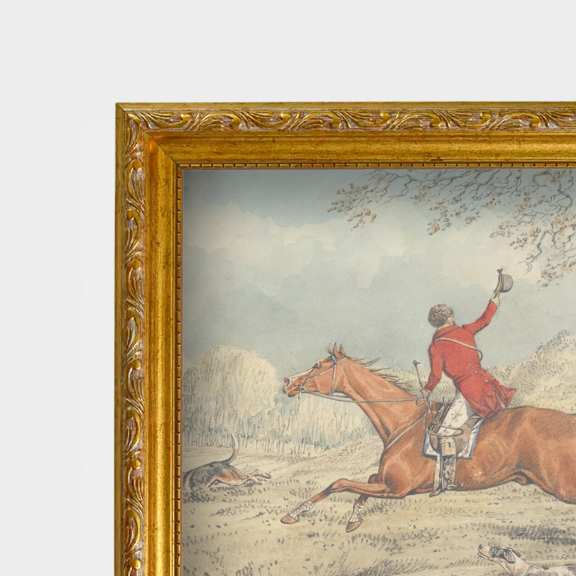 Detailed view of the vintage-style frame and archival linen-textured paper for The Huntsman sporting print.