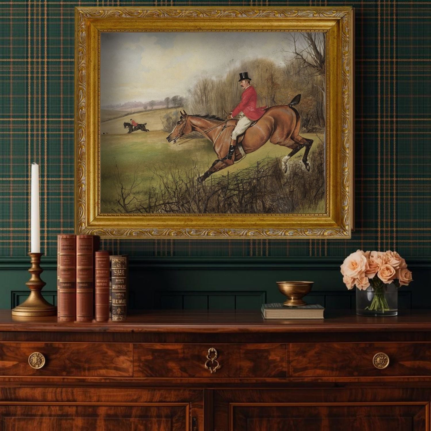 Framed painting of a horse and rider on a wall above a wooden dresser with books and decor.