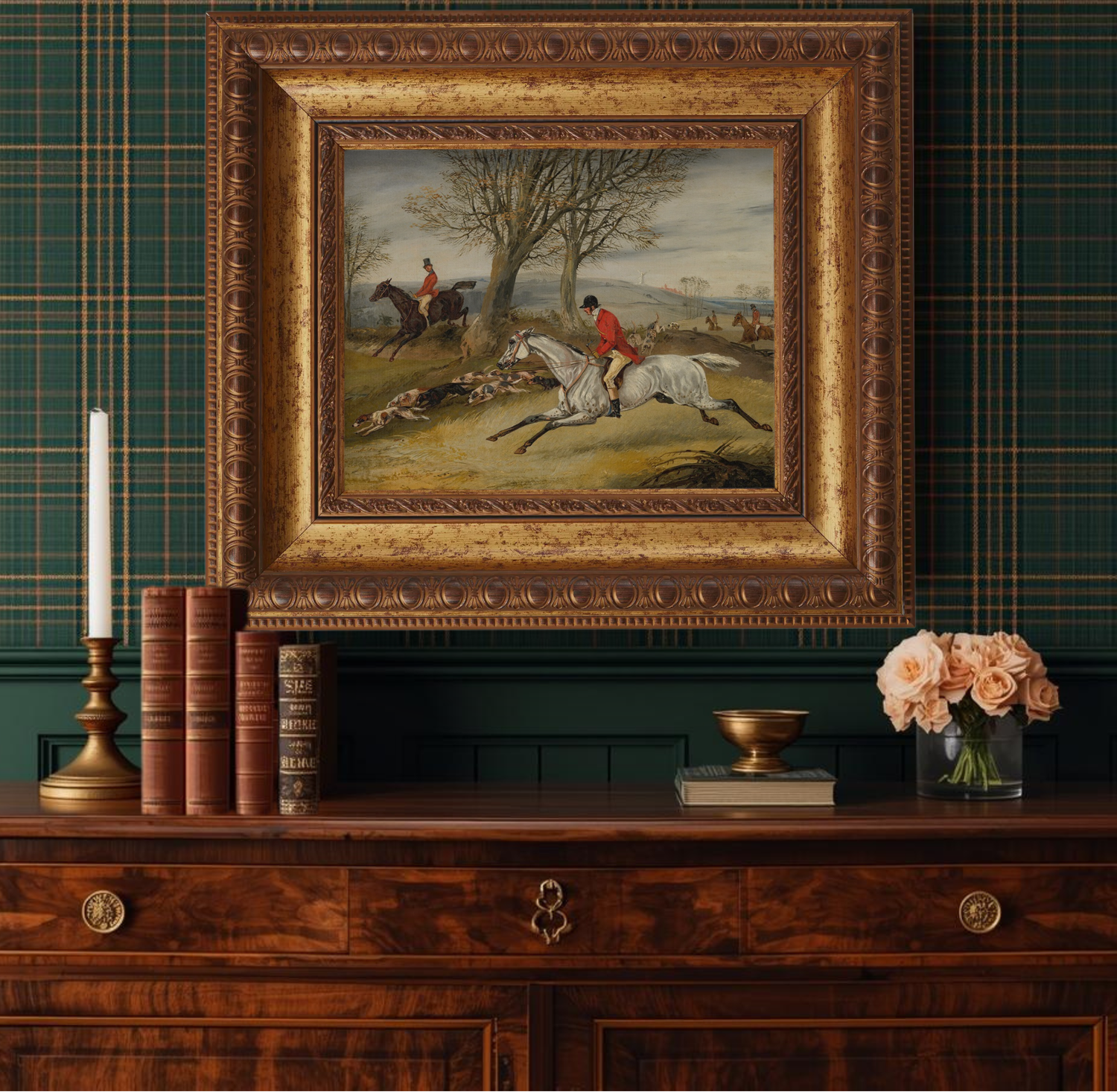 Traditional English fox hunting art in a gold Arqadia frame styled above a mantle in a classic living room.