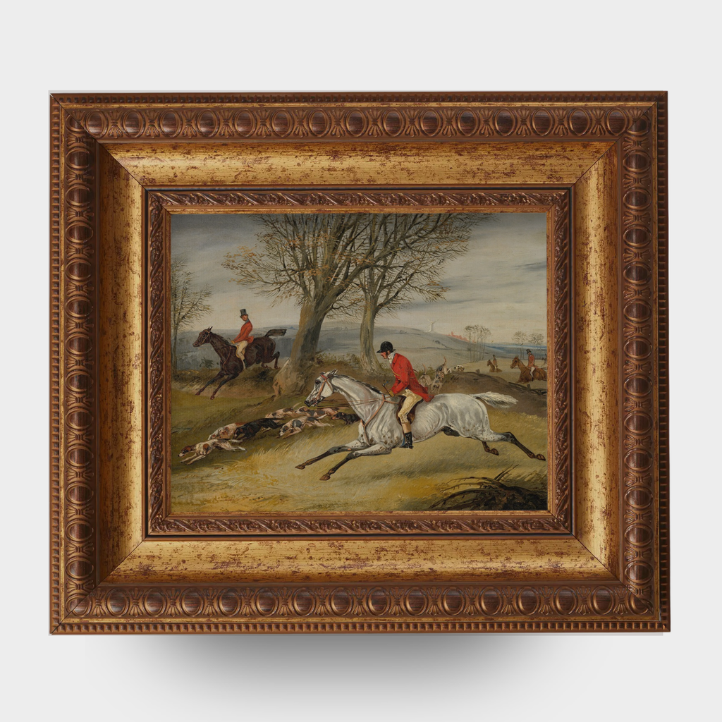 Framed painting of a hunting scene with horses and hunters.