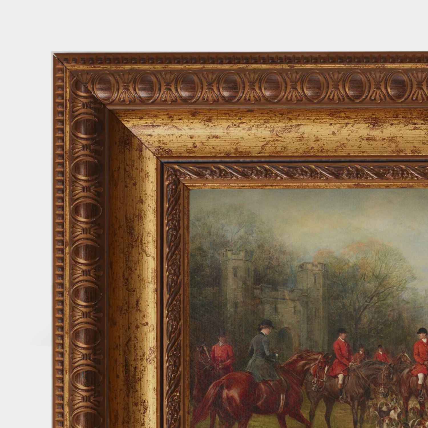 Close-up of the amber-toned gold frame detail and the authentic linen canvas texture of the hunt assembly.