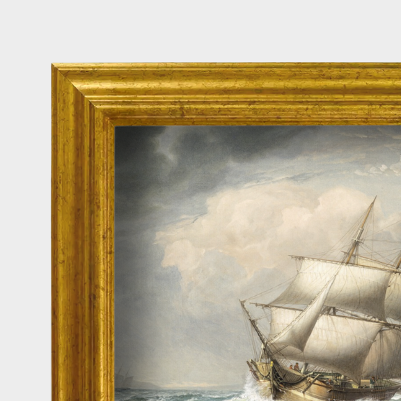 Close-up of the antique gold frame and archival linen paper texture for The Clipper No. 01 maritime print.