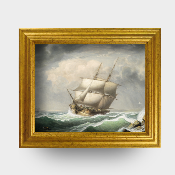 The Clipper No. 01 - Framed 1851 maritime art reproduction of Fitz Henry Lane's Brig Off the Maine Coast