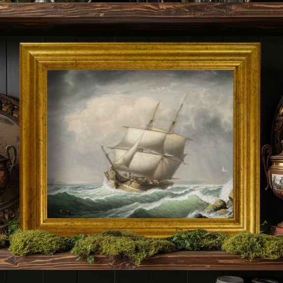Nautical-themed coastal decor featuring The Clipper No. 01 sailing ship print in a traditional living room.