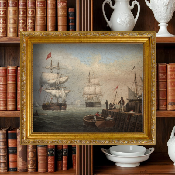 Traditional New England style decor featuring The Clipper No. 02 nautical print in a dark wood study.