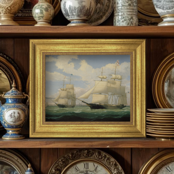 Classic maritime-inspired interior featuring a large Fitz Henry Lane ship reproduction in a coastal home.