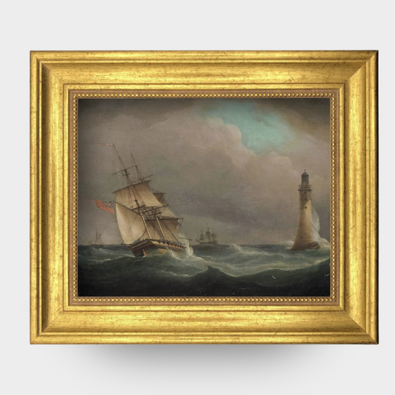 The Clipper No. 04 - Framed antique Thomas Whitcombe maritime print of a frigate near Eddystone Lighthouse.