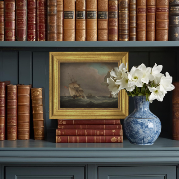 Traditional English coastal decor featuring a vintage ship and lighthouse art print in a refined study.