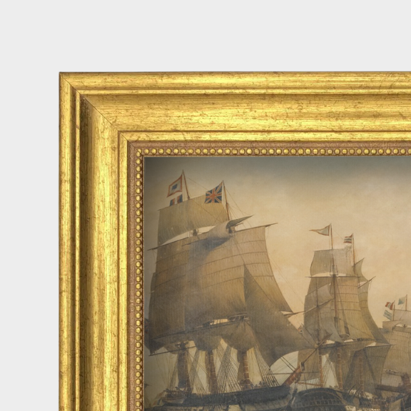 Detailed view of the vintage-style gold frame and textured linen paper for the Battle of Trafalgar print.