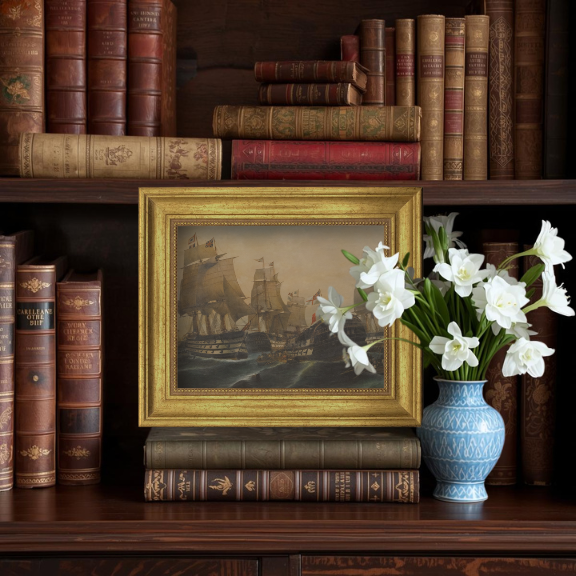 Sophisticated masculine study featuring a large historical naval battle art print as a gallery wall centerpiece.