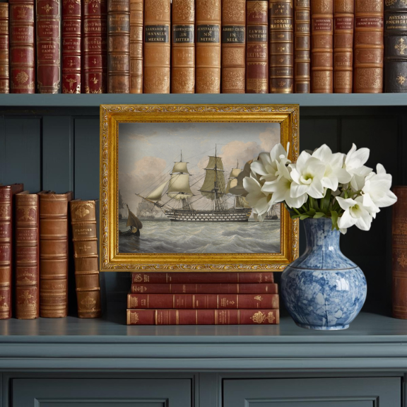 Traditional British naval decor featuring a vintage ship portrait in a coastal-inspired study or home office.