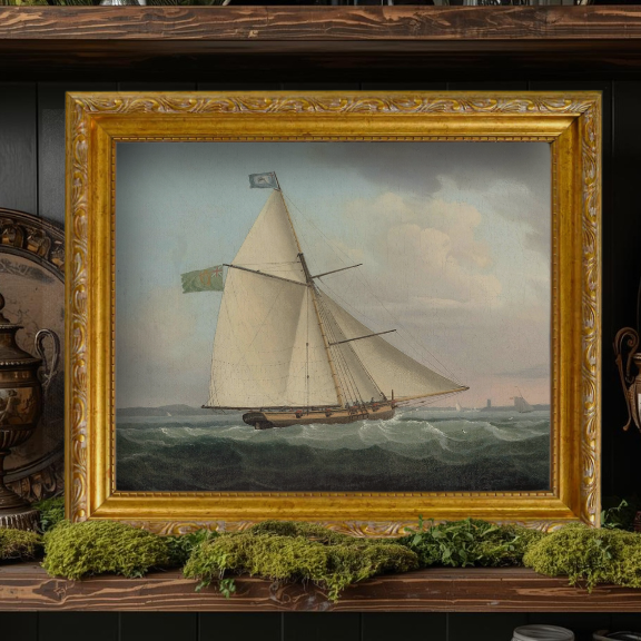 Historical nautical art styled in a traditional Irish or British coastal interior with vintage wood furniture.