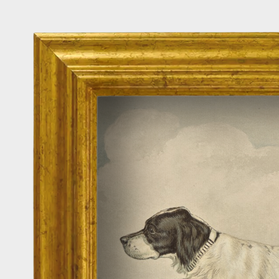 Close-up detail of the vintage-style reproduction frame and linen texture of The Field Dog No. 01.
