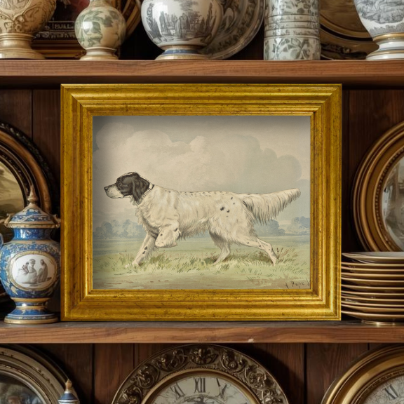 Traditional antique shelf featuring The Field Dog No. 01 print in a classic home library setting.