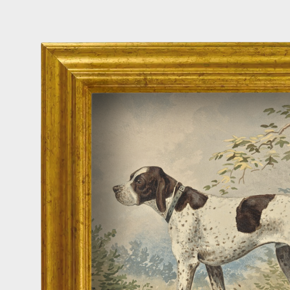 Detailed view of the archival linen texture and hand-finished frame for The Field Dog No. 02.