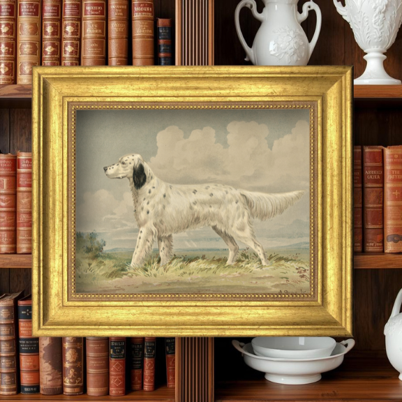 Antique interior design gallery wall styling with The Field Dog No. 03 English Setter portrait.