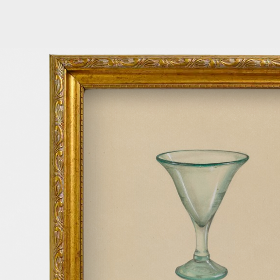 Close-up shot of the archival linen texture and vintage-style frame for the Janet Riza wine glass illustration.