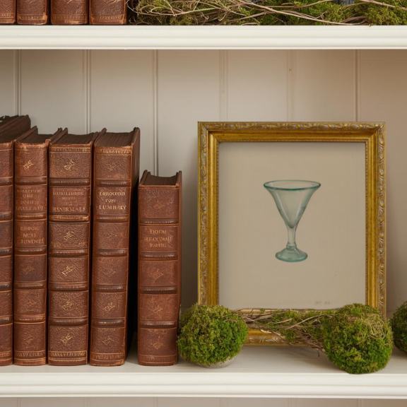 Modern traditional decor featuring a vintage glassware study in a sophisticated bookcase.