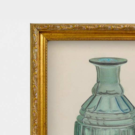 Detailed view of the linen-textured paper and hand-finished vintage frame for the Van Silvay carafe illustration.